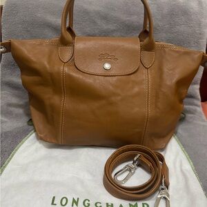 Longchamp Le Pliage Cuir Tan Leather Tote - Convertible Shoulder Bag - small
